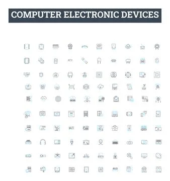 Computer electronic devices vector line icons set. Laptop, Desktop, Monitor Stock Illustration