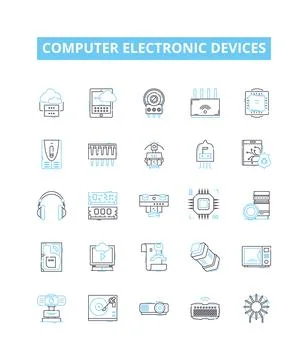 Computer electronic devices vector line icons set. Laptop, Desktop, Monitor Stock Illustration