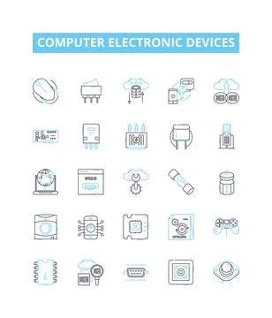Computer electronic devices vector line icons set. Laptop, Desktop, Monitor Stock Illustration