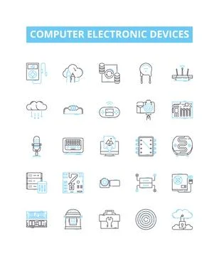 Computer electronic devices vector line icons set. Laptop, Desktop, Monitor Stock Illustration