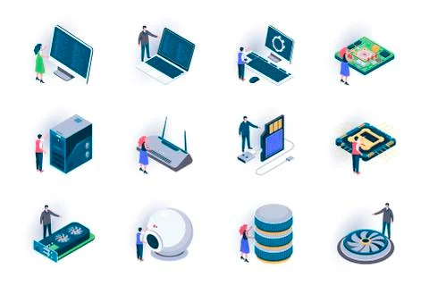 Computer elements isometric icons set. Illustrazione stock