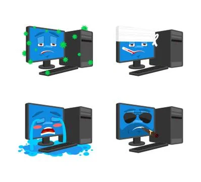 Computer emoji set. PC Sick and sad. Bandaged and brutal. data processor Coll 스톡 일러스트
