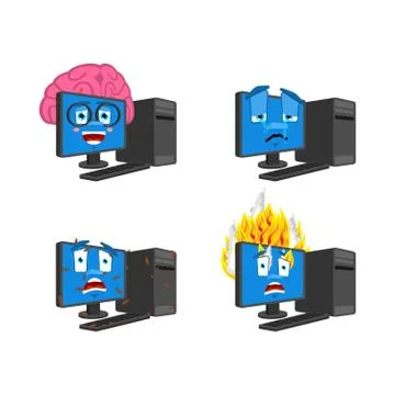 Computer emoji set. PC Smart and infected. Fire and crying. data processor Co Stock Illustration