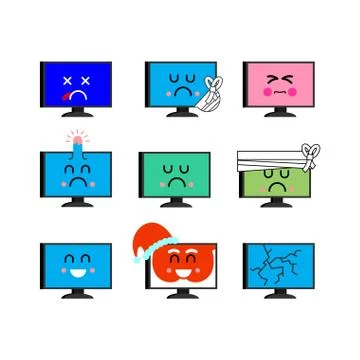 Computer emoji set. Sed and happy PC emotion. sick and dead. Angry and Broken Illustrazione stock