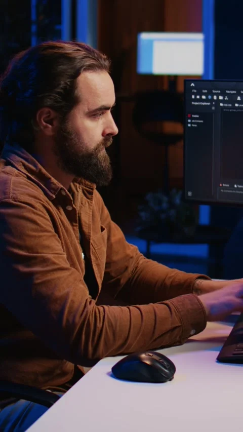 Computer engineer deliberating ways of fixing errors while developing code Stock Footage 264507891