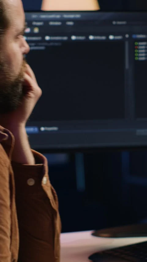 Computer engineer deliberating ways of fixing errors while developing code Stock Footage 264512242