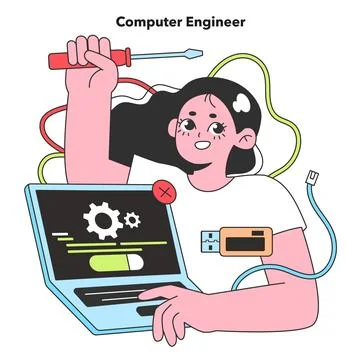 A Computer Engineer diligently troubleshoots and configures hardware, her Stock Illustration