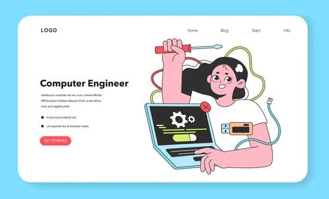 A Computer Engineer diligently troubleshoots and configures hardware, her Stock Illustration