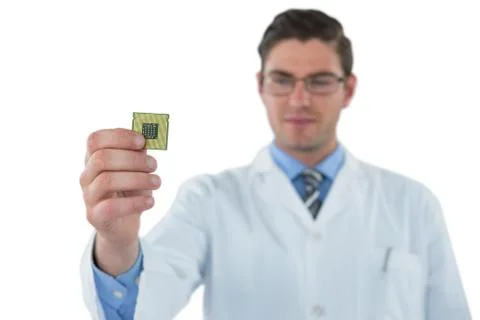 Computer engineer holding computer chip Foto stock