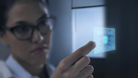 Computer engineer scientist holding microchip human brain like network neurons Video stock 186114169