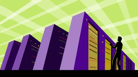 Computer Engineer Standing near Supercomputer WPA Retro Stock Illustration