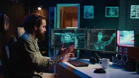 Computer engineer surprised by sentient artificial intelligence greeting him Stock Footage 267045501