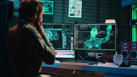 Computer engineer surprised by sentient artificial intelligence greeting him Stock Footage 267046559