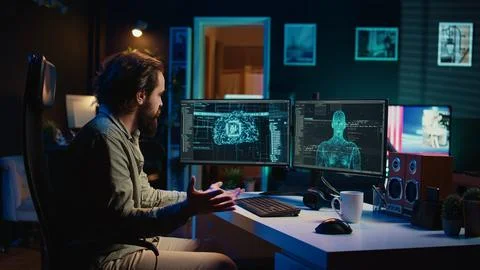 Computer engineer surprised by sentient artificial intelligence greeting him 스톡 사진