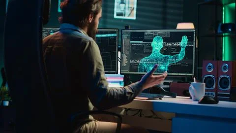 Computer engineer surprised by sentient artificial intelligence greeting him 스톡 사진