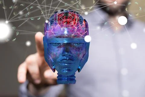 Computer engineer tapping on a hologram of a cyborg head and binary codes Foto stock