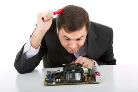 Computer engineer working in a motherboard, isolated Stock Photos