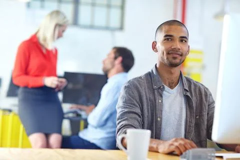 Computer, engineering and thinking with graphic designer man in coworking o.. 스톡 사진