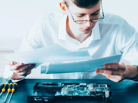 Computer engineering class geek student learning Stock Photos