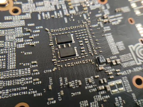 Computer engineering microchip background. Microelectronic high tech wallpape Foto stock