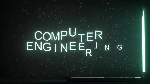 COMPUTER ENGINEERING text appearing near laptop screen. Conceptual 3D rendering Stock Illustration