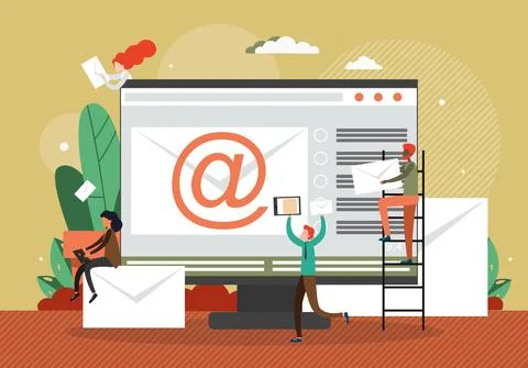 Computer with envelope and email sign on screen, tiny people with messages, flat Stock Illustration