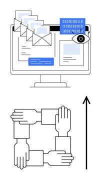Computer with envelopes, binary code, eye. Below, four hands forming a square Stock Illustration