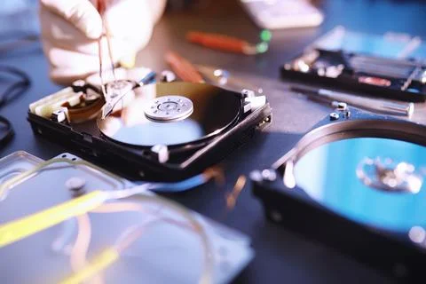Computer equipment. Repair of PC components. Hard drive for restoration in .. Stock Photos