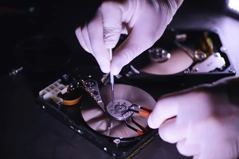 Computer equipment. Repair of PC components. Hard drive for restoration in .. Stock Photos