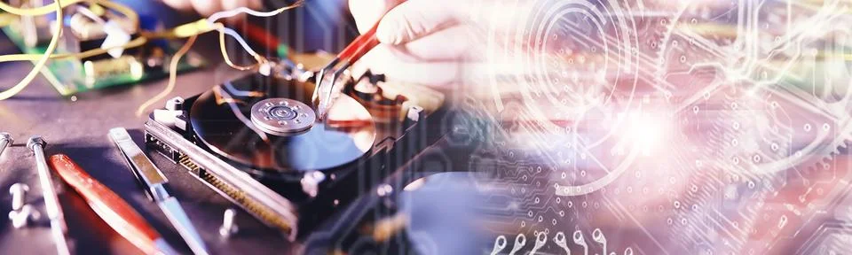 Computer equipment. Repair of PC components. Hard drive for restoration in .. Stock Photos