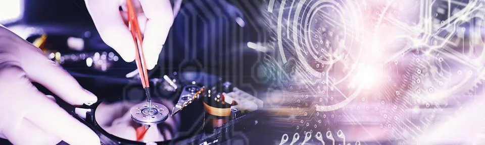 Computer equipment. Repair of PC components. Hard drive for restoration in .. Stock Photos
