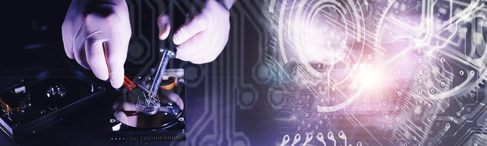 Computer equipment. Repair of PC components. Hard drive for restoration in .. Stock Photos