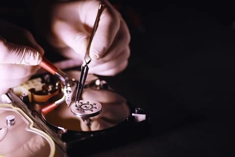 Computer equipment. Repair of PC components. Hard drive for restoration in .. Stock Photos