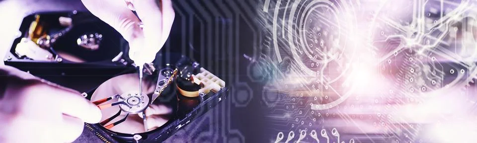 Computer equipment. Repair of PC components. Hard drive for restoration in .. Stock Photos