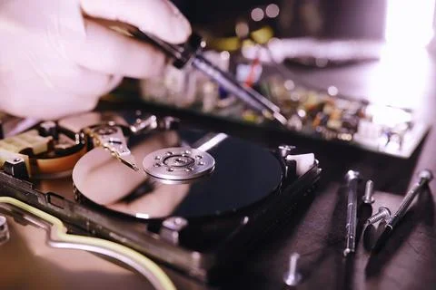 Computer equipment. Repair of PC components. Hard drive for restoration in .. Stock Photos