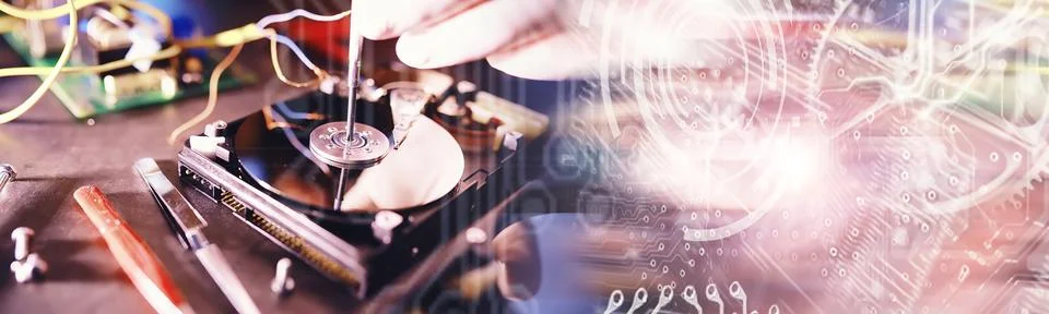 Computer equipment. Repair of PC components. Hard drive for restoration in .. Stock Photos