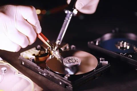 Computer equipment. Repair of PC components. Hard drive for restoration in wo Stock Photos