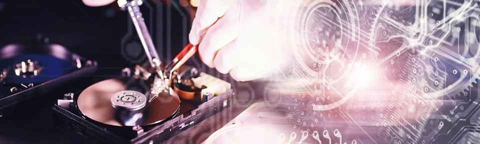 Computer equipment. Repair of PC components. Hard drive for restoration in .. Stock Photos