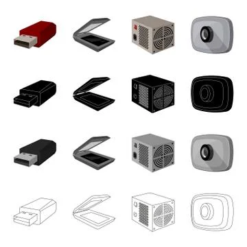 Computer equipment USB flash drive, scanner, power supply, web camera. Computer Illustrazione stock