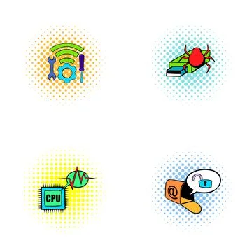 Computer error protection icons set pop art 库存插图