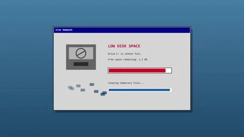 Computer error window showing low disk space warning Stock Footage 347395414