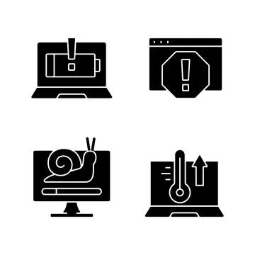 Computer errors black glyph icons set on white space 스톡 일러스트