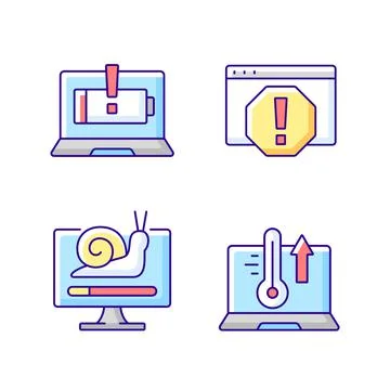 Computer errors RGB color icons set 스톡 일러스트