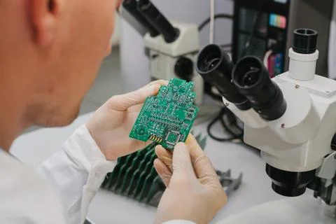 Computer expert professional technician examining board computer in a laboratory Foto stock