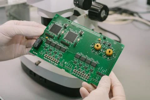 Computer expert professional technician examining board computer in a laboratory Stock Photos