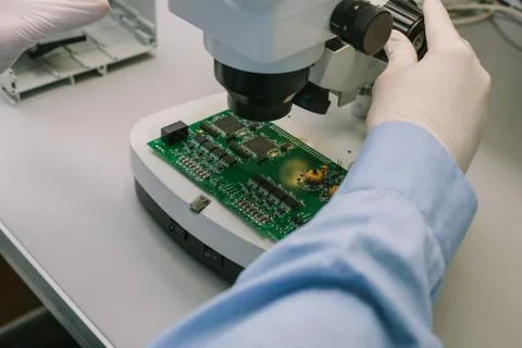 Computer expert professional technician examining board computer in a laboratory Stock Photos