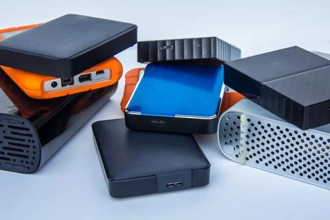Computer external hard drives on white background Stock Photos