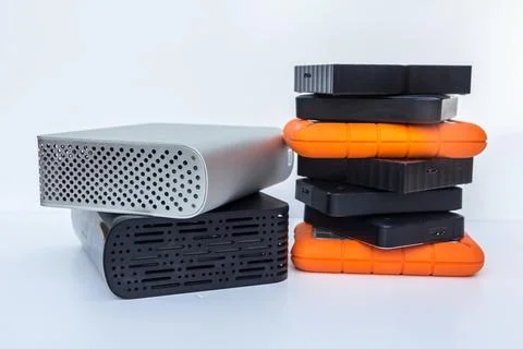 Computer external hard drives on white background Stock Photos