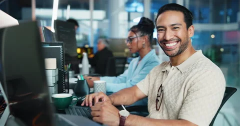 Computer, face and laughing with programmer man at desk in office as graphic Stock Footage 309036962