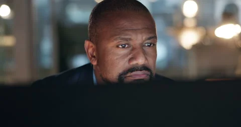 Computer, face and problem solving with a manager black man at work in his Video stock 249657432